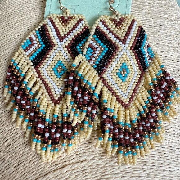 Western Earrings Beaded Multicolor Pale Yellow Turquoise Blue Brown Black Fringe - Picture 1 of 1